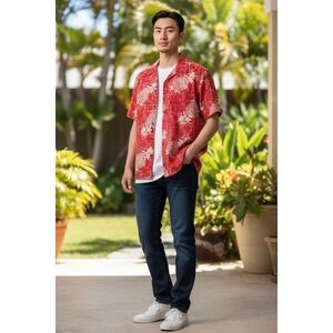 Palmwave Hawaii Men's Aloha Shirt Size L Red Pineapple Print Button-Up‎ vacation